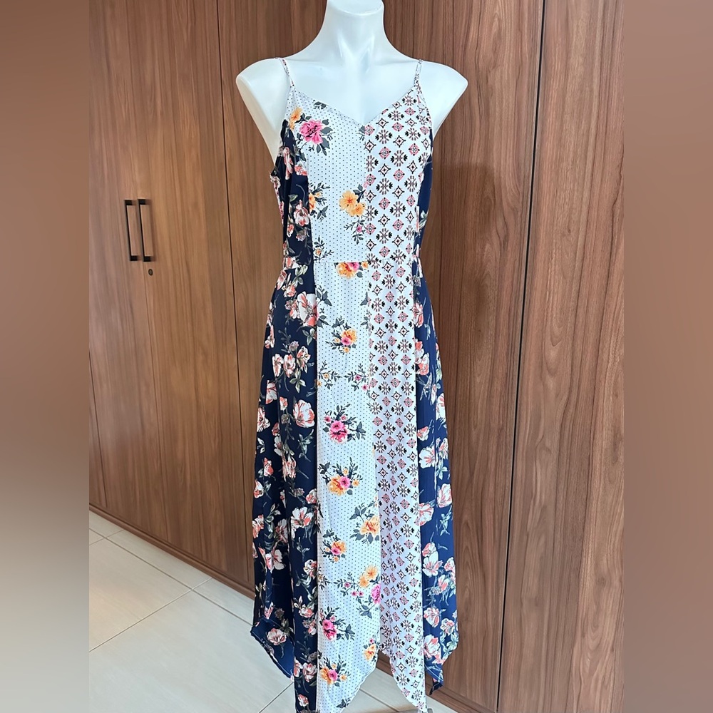 Mlle Gabrielle Dress Women High Low Mixed Print Maxi Size M